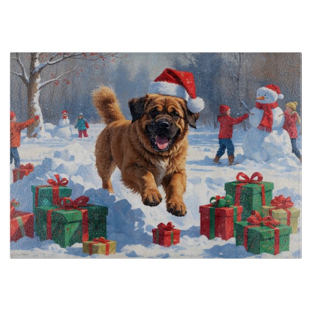 Tibetan Mastiff Running in Snow with Christmas Hat Cutting Board (Front)
