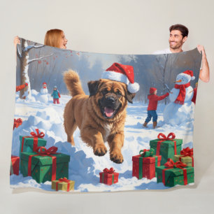 Tibetan Mastiff Running in Snow with Christmas Hat Fleece Blanket