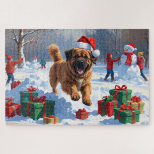 Tibetan Mastiff Running in Snow with Christmas Hat Jigsaw Puzzle