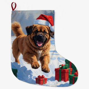 Tibetan Mastiff Running in Snow with Christmas Hat Large Christmas Stocking