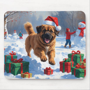 Tibetan Mastiff Running in Snow with Christmas Hat Mouse Mat