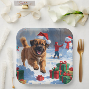 Tibetan Mastiff Running in Snow with Christmas Hat Paper Plate