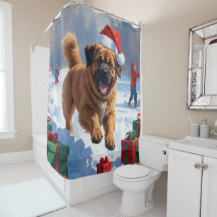 Tibetan Mastiff Running in Snow with Christmas Hat Shower Curtain