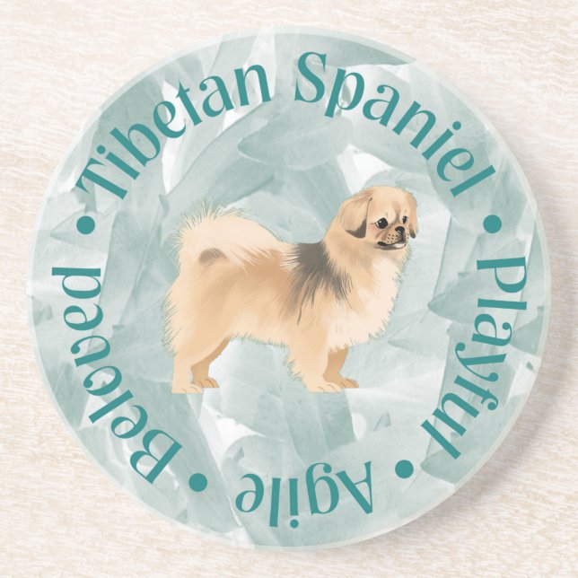 Tibetan Spaniel "Beloved" Coaster (teal) (Front)
