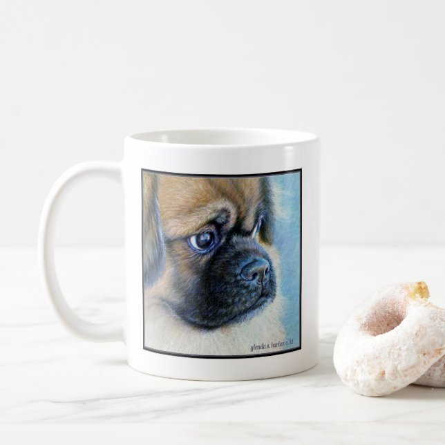 Tibetan Spaniel Dog Art by Glenda S. Harlan Coffee Mug (With Donut)