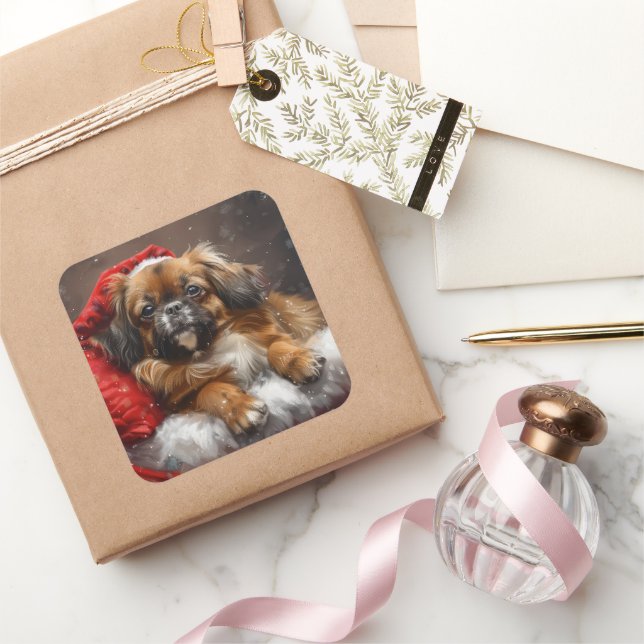 Tibetan Spaniel Dog Christmas Festive Square Sticker (Gifting)