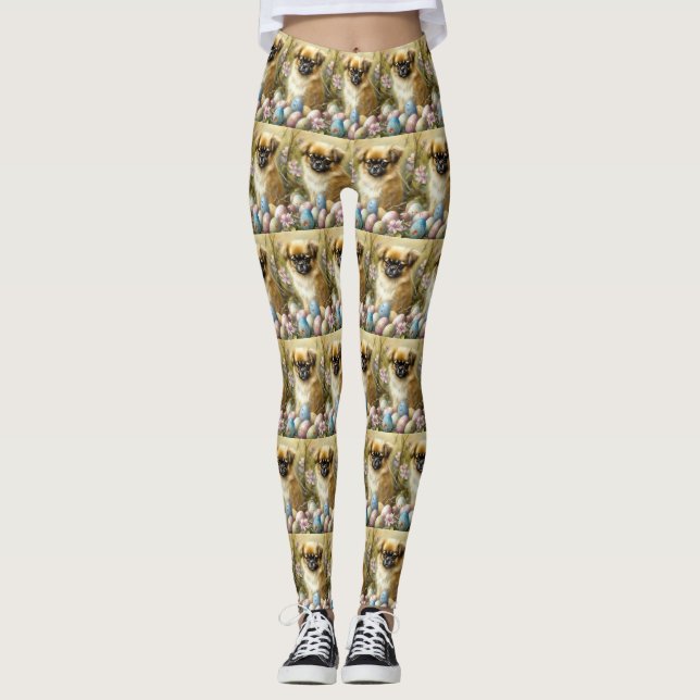 Tibetan Spaniel Dog with Easter Eggs Holiday Leggings (Front)
