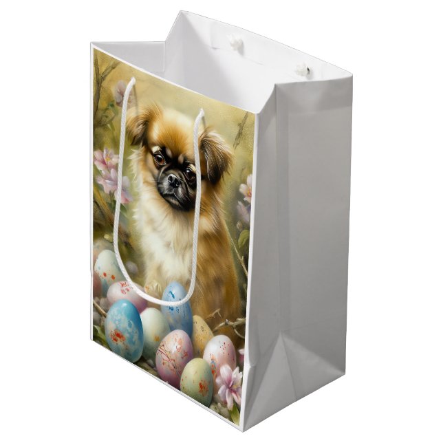 Tibetan Spaniel Dog with Easter Eggs Holiday Medium Gift Bag (Front Angled)