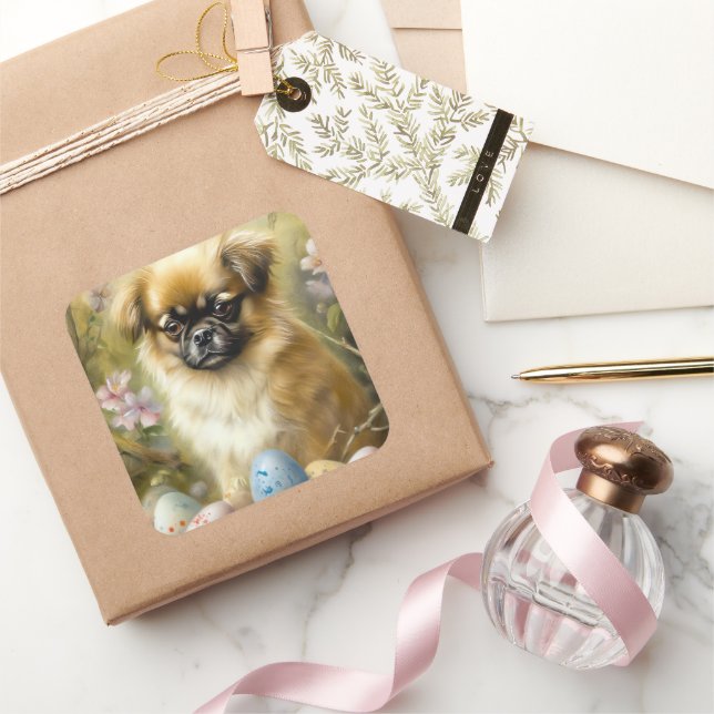 Tibetan Spaniel Dog with Easter Eggs Holiday Square Sticker (Gifting)