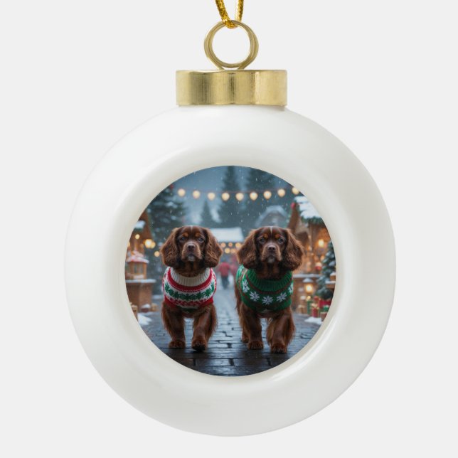 Tibetan Spaniel Dogs Christmas Snow Holiday Ceramic Ball Christmas Ornament (Front)
