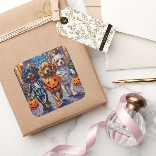 Tibetan Spaniel Dogs In Halloween Costumes Square Sticker (Gifting)
