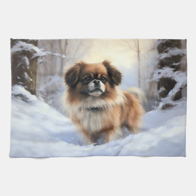 Tibetan Spaniel Let It Snow Christmas  Tea Towel (Horizontal)
