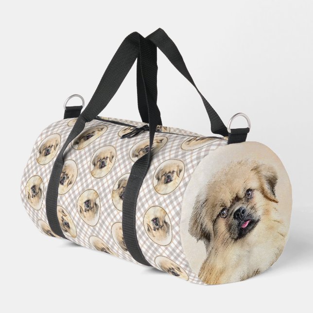 Tibetan Spaniel Painting Cream and White Dog Art Duffle Bag (Left Corner)
