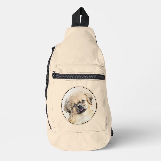 Tibetan Spaniel Painting Cream and White Dog Art Sling Bag (Front)
