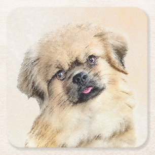 Tibetan Spaniel Painting - Cute Original Dog Art Square Paper Coaster
