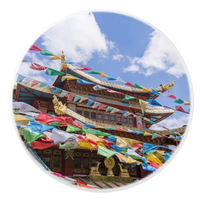Tibetan Temple with prayer flags - Yunnan, China Ceramic Knob (Front)