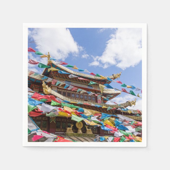 Tibetan Temple with prayer flags - Yunnan, China Napkin (Front)