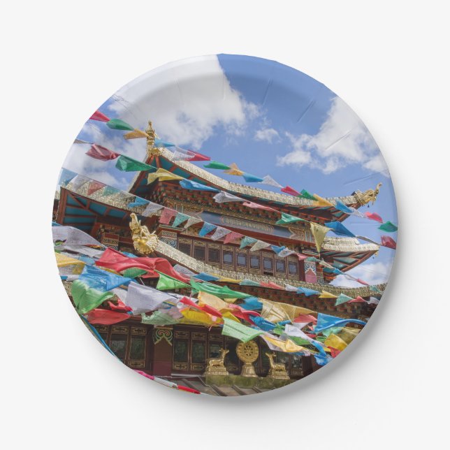 Tibetan Temple with prayer flags - Yunnan, China Paper Plate (Front)