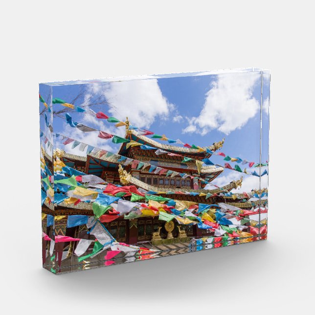 Tibetan Temple with prayer flags - Yunnan, China Photo Block (Left)