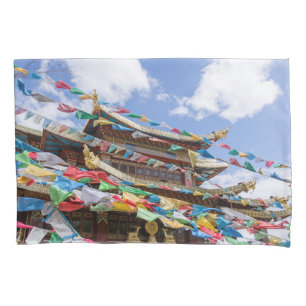 Tibetan Temple with prayer flags - Yunnan, China Pillowcase