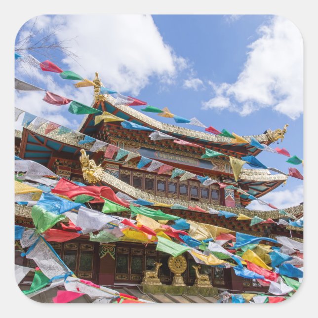 Tibetan Temple with prayer flags - Yunnan, China Square Sticker (Front)