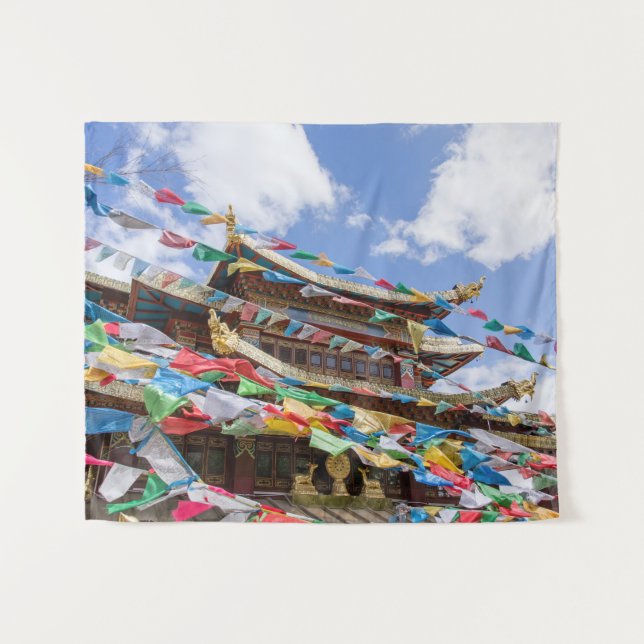 Tibetan Temple with prayer flags - Yunnan, China Tapestry (Front (Horizontal))