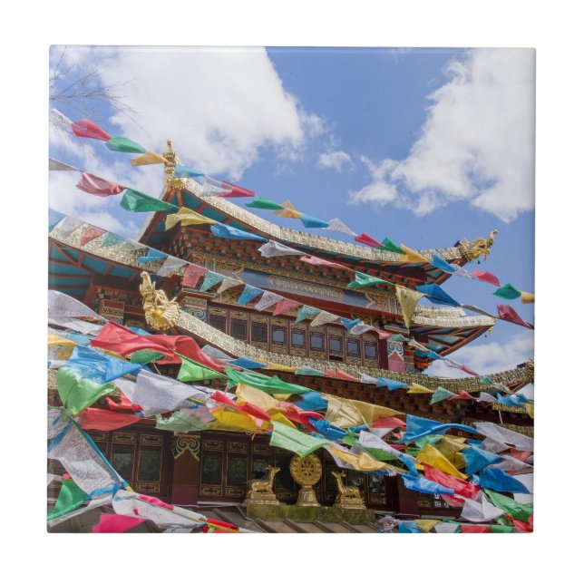 Tibetan Temple with prayer flags - Yunnan, China Tile (Front)