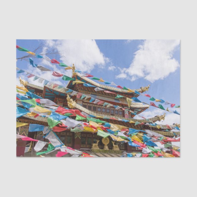 Tibetan Temple with prayer flags - Yunnan, China Tissue Paper (Front)