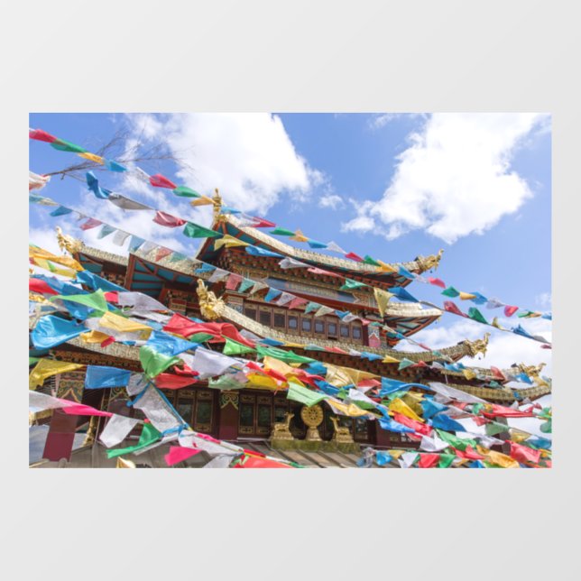 Tibetan Temple with prayer flags - Yunnan, China Window Cling (Sheet)