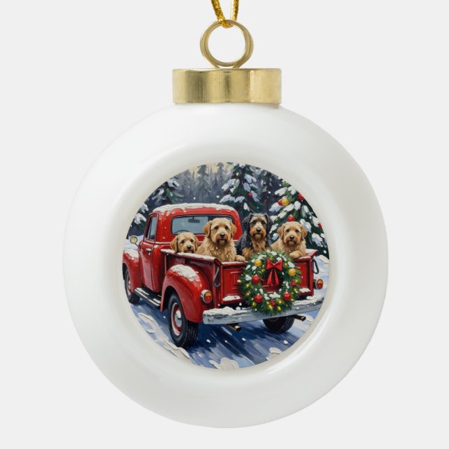 Tibetan Terrier Christmas Red Truck Holiday Ceramic Ball Christmas Ornament (Front)