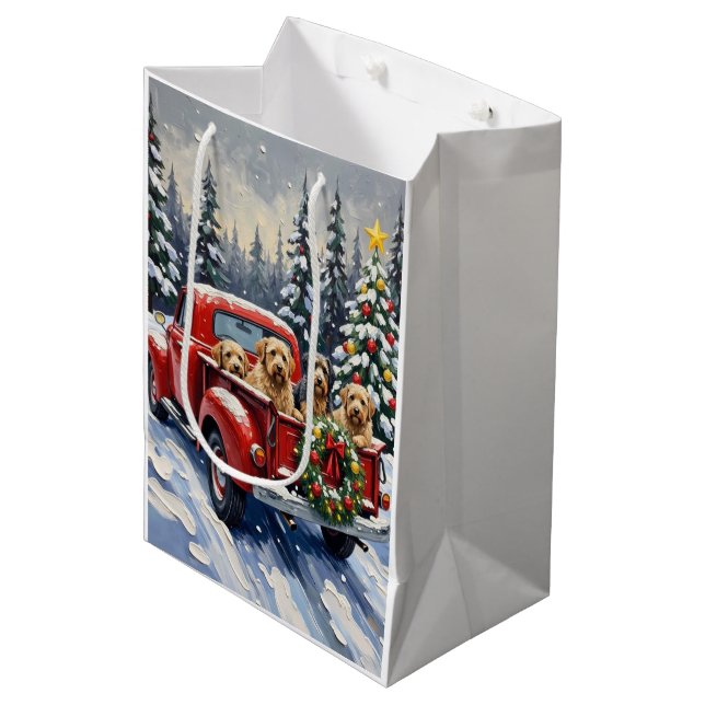 Tibetan Terrier Christmas Red Truck Holiday Medium Gift Bag (Front Angled)