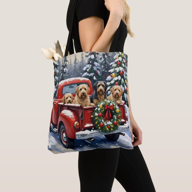Tibetan Terrier Christmas Red Truck Holiday Tote Bag (Close Up)