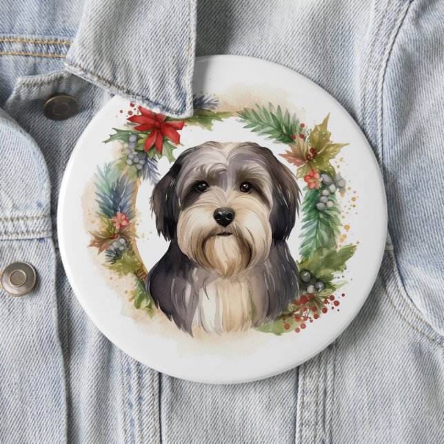 Tibetan Terrier Christmas Wreath Festive Pup  6 Cm Round Badge (In Situ)