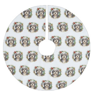 Tibetan Terrier Christmas Wreath Festive Pup  Brushed Polyester Tree Skirt