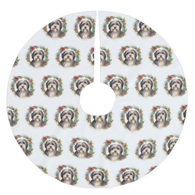 Tibetan Terrier Christmas Wreath Festive Pup  Brushed Polyester Tree Skirt (Front)