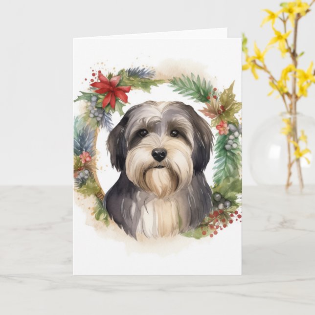 Tibetan Terrier Christmas Wreath Festive Pup  Card (Yellow Flower)