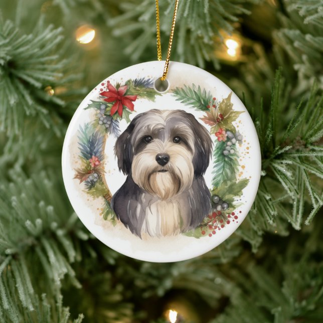 Tibetan Terrier Christmas Wreath Festive Pup  Ceramic Tree Decoration (Tree)