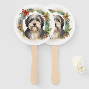 Tibetan Terrier Christmas Wreath Festive Pup  Hand Fan