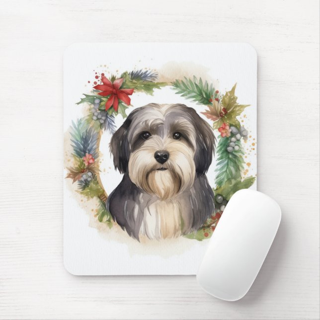 Tibetan Terrier Christmas Wreath Festive Pup  Mouse Mat (With Mouse)