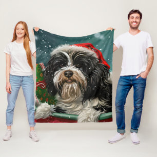 Tibetan Terrier Dog Christmas Festive  Fleece Blanket