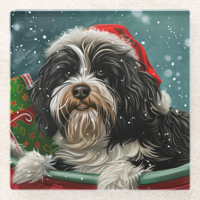 Tibetan Terrier Dog Christmas Festive  Glass Coaster (Front)
