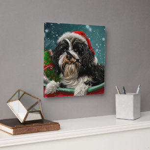 Tibetan Terrier Dog Christmas Festive Square Wall Clock
