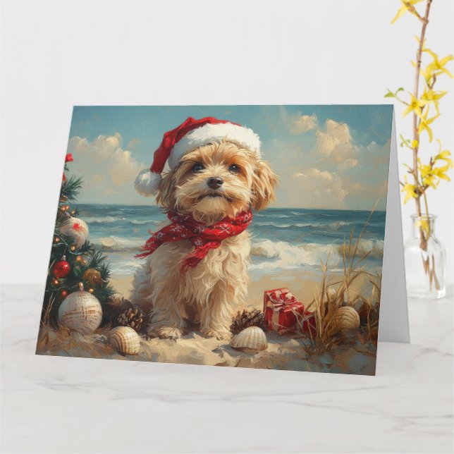 Tibetan Terrier Dog Christmas Vintage Beach Card (Yellow Flower)