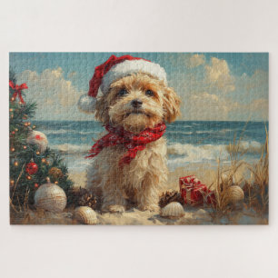 Tibetan Terrier Dog Christmas Vintage Beach Jigsaw Puzzle