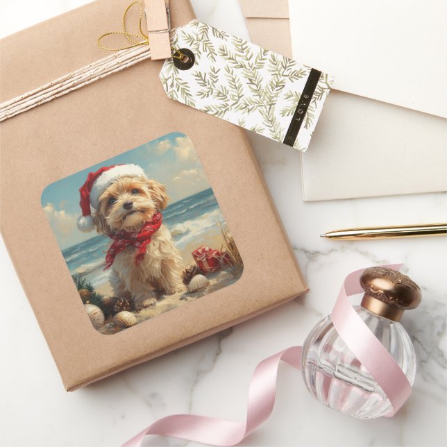Tibetan Terrier Dog Christmas Vintage Beach Square Sticker (Gifting)