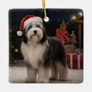 Tibetan Terrier Dog in Snow Christmas  Ceramic Ornament