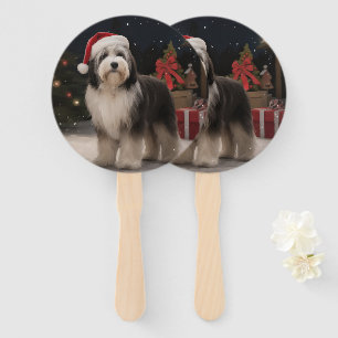 Tibetan Terrier Dog in Snow Christmas  Hand Fan