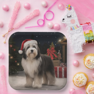 Tibetan Terrier Dog in Snow Christmas  Paper Plate