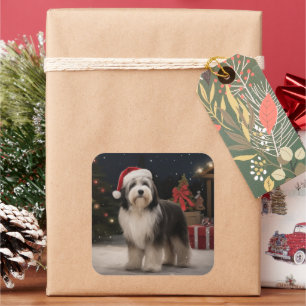 Tibetan Terrier Dog in Snow Christmas  Square Sticker