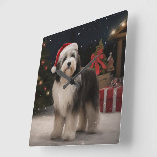 Tibetan Terrier Dog in Snow Christmas Square Wall Clock
